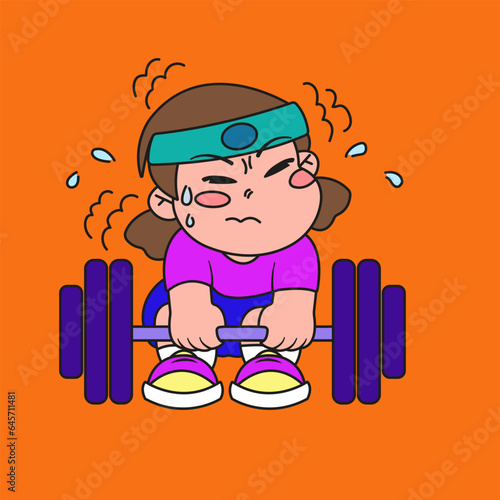 A cute girl goes in for sports and tries to lift a heavy barbell. Isolated concept icon study, sport, diligence. emotions. flat cartoon style