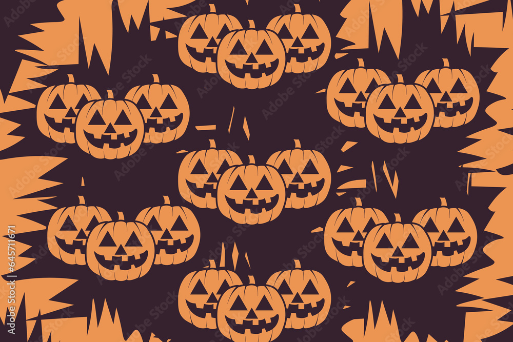 Creepy Halloween banner with cartoon orange Pumkin on grunge torn background. Design of poster, wallpaper and t-shirt print with Halloween symbol. Vector illustration.
