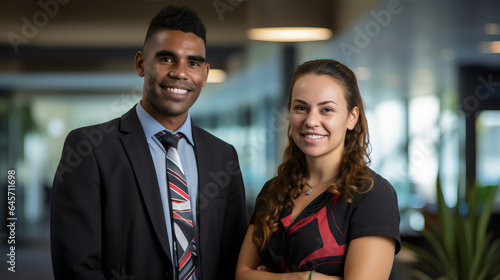 Vászonkép portrait of aboriginal business man with brunette business woman  in office repr