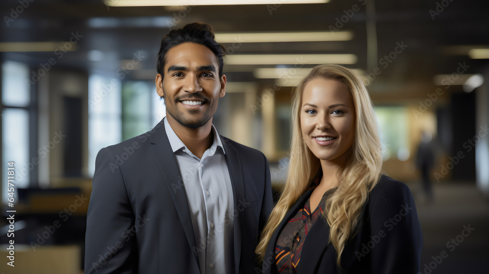 portrait of poc business man with blonde business woman  in office representing workplace diversity