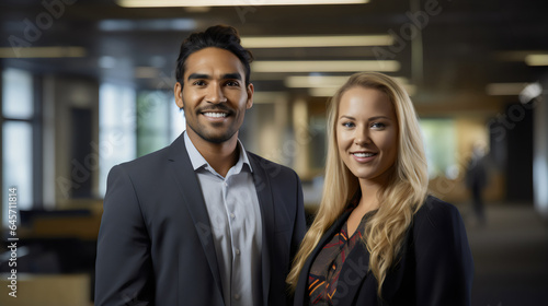 portrait of poc business man with blonde business woman  in office representing workplace diversity