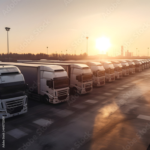 White trucks in row in parking lot , sunset light. Generation AI