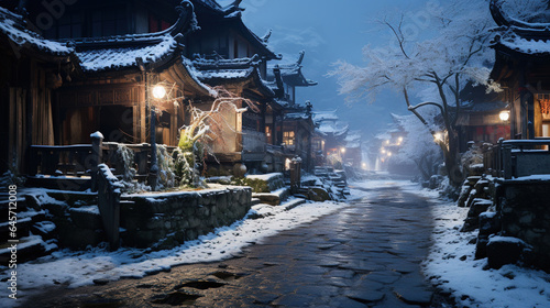 Snow On Chinese Ancient Village Streets Haze Atmosphere Road Covered With Snow