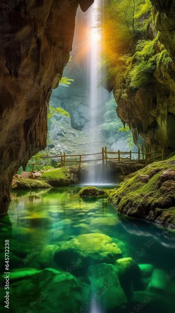 Low Angle View of A Beautiful Waterfall and Natural River Floating Through Cave Low Angle View of A Beautiful Waterfall and Natural River Floating Through Cave