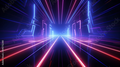 3d render abstract futuristic neon background with glowing ascending lines