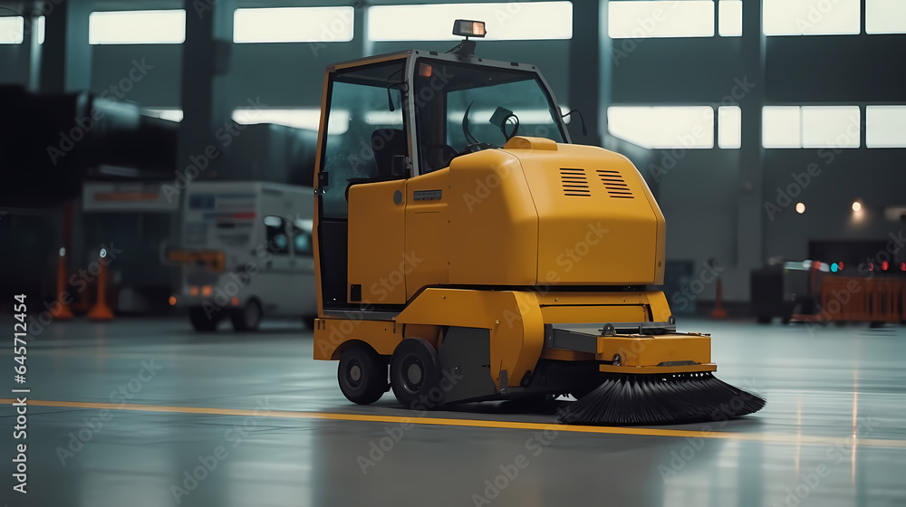 Close-up street sweeper machine cleaning streets. Concept clean streets from debris. Generation AI