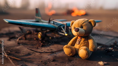 Symbolism of children toy against background of burning plane. Concept airplane crash with baby victims photo