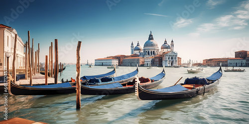 Concept romantic travel banner. Canal with gondolas in Venice, Italy. Generation AI. © Adin