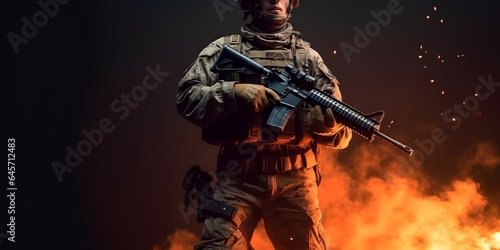 Tablou canvas Military soldier dressed in uniform with rifle against flame fire, black background