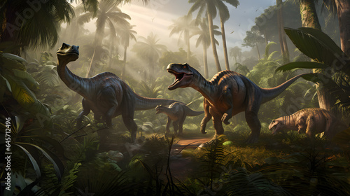 Set run jurassic dinosaurs in park forest. Generation AI © Adin