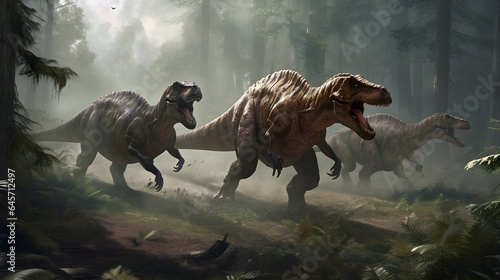 Set run jurassic dinosaurs in park forest. Generation AI © Adin