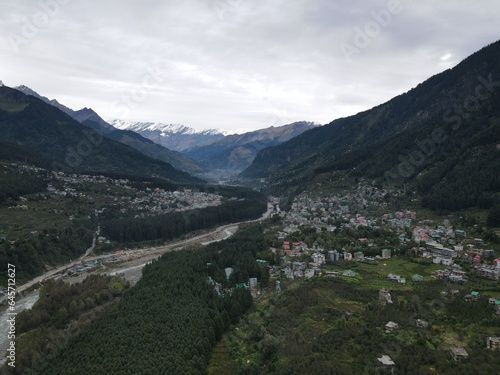 Ariel view of the landscape with river and mountains