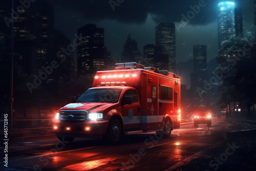 911. Emergency ambulance car moving fast on night american city downtown district with motion blur. © Stavros