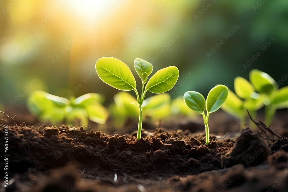 Young plants sprouts growing up. A Close-Up Glimpse of a Seedling in a Sunlit Field Young plants sprouts growing up. A Close-Up Glimpse of a Seedling in a Sunlit Field