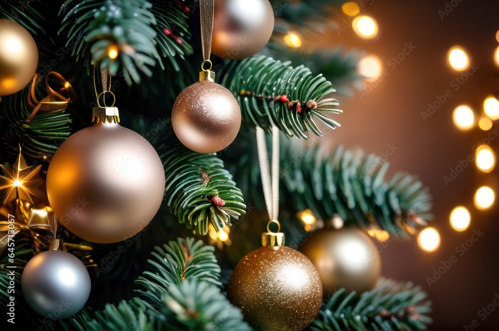 closeup view of decorated christmas spruce tree with hanging spherical toys