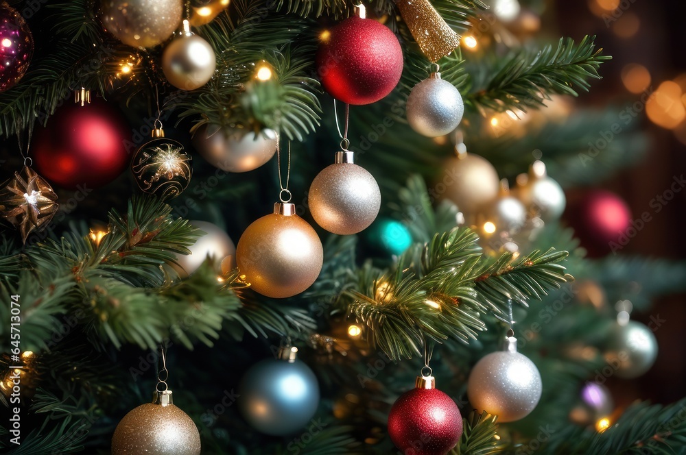 closeup view of decorated christmas spruce tree with hanging spherical toys