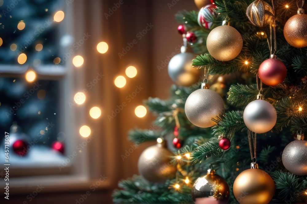 closeup view of decorated christmas spruce tree with hanging spherical toys