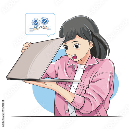 little kid, school girl. Girls looking furtively at half closed laptop screen. Vector illustration