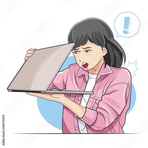 little kid, school girl. Annoyed kid girl look furtively at the half-closed laptop screen. Vector illustration