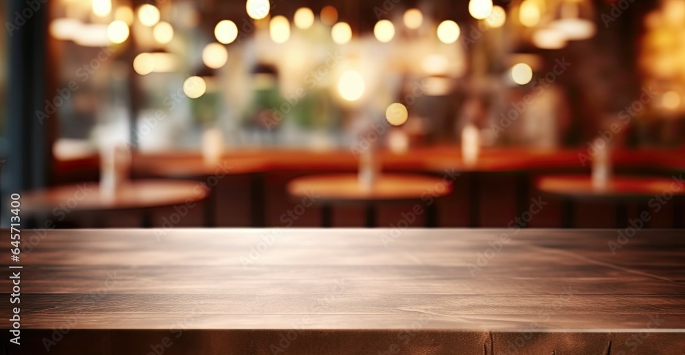 Urban elegance. Empty wooden table in modern cafe. Nighttime vibes. Abstract bar counter blurred background. Retro chic. Vintage coffee shop interior Urban elegance. Empty wooden table in modern cafe. Nighttime vibes. Abstract bar counter blurred background. Retro chic. Vintage coffee shop interior