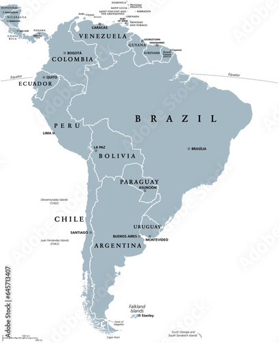 South America, gray political map with international borders and capitals. A continent, bordered by the Pacific and Atlantic Ocean, North America and the Caribbean Sea. Isolated illustration. Vector.