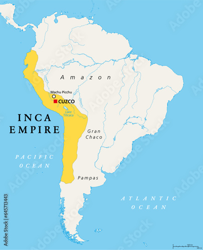 The Inca Empire at its greatest extent, about 1525, political map. Also known as Incan or Inka Empire, with capital Cusco. Called Tawantinsuyu by its subjects, Quechua for the Realm of the Four Parts. photo