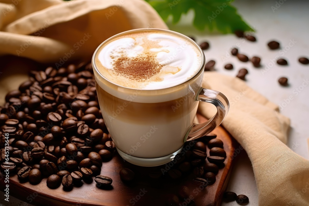 Cappuccino or latte coffee with milk foam and coffee beans, cappacino, foamy coffee with coffee beans Cappuccino or latte coffee with milk foam and coffee beans, cappacino, foamy coffee with coffee beans