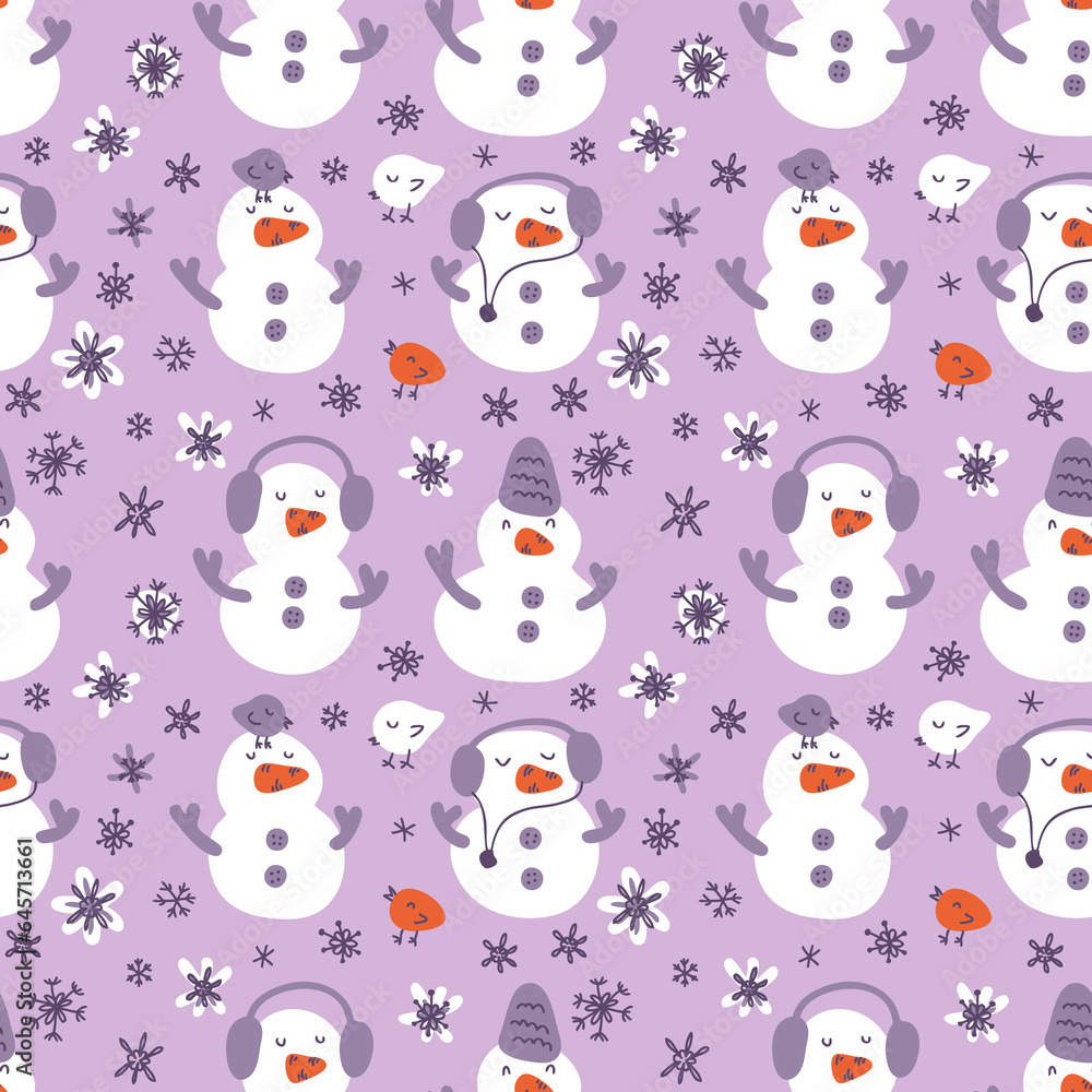 Doodle seamless pattern with snowmen, snowflakes and birds. Winter print for tee, paper, fabric, textile. Hand drawn illustration for decor and design.
