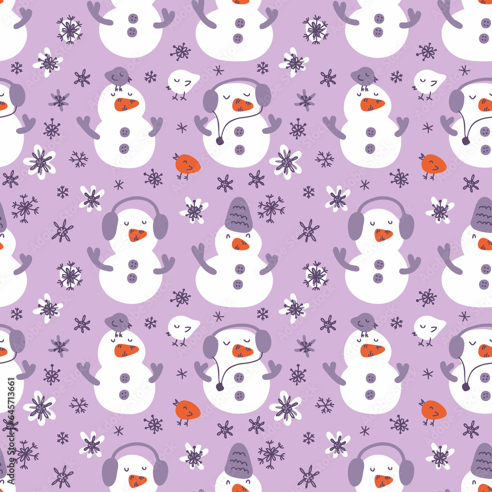 Doodle seamless pattern with snowmen, snowflakes and birds. Winter print for tee, paper, fabric, textile. Hand drawn illustration for decor and design. Doodle seamless pattern with snowmen, snowflakes and birds. Winter print for tee, paper, fabric, textile. Hand drawn illustration for decor and design.