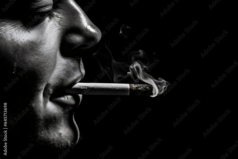 Fototapeta premium side view of older man smoking cigarette isolated on black background, in black and white noir