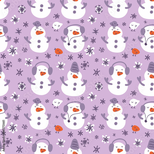 Doodle seamless pattern with snowmen, snowflakes and birds. Winter print for tee, paper, fabric, textile. Hand drawn illustration for decor and design.