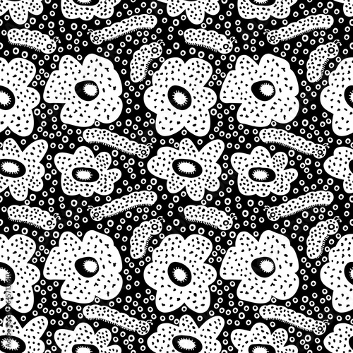 Rafflesia flowers and tropical millipedes monochrome seamless pattern. Perfect print for tee, paper, textile and fabric. Summer illustration for decor and design.