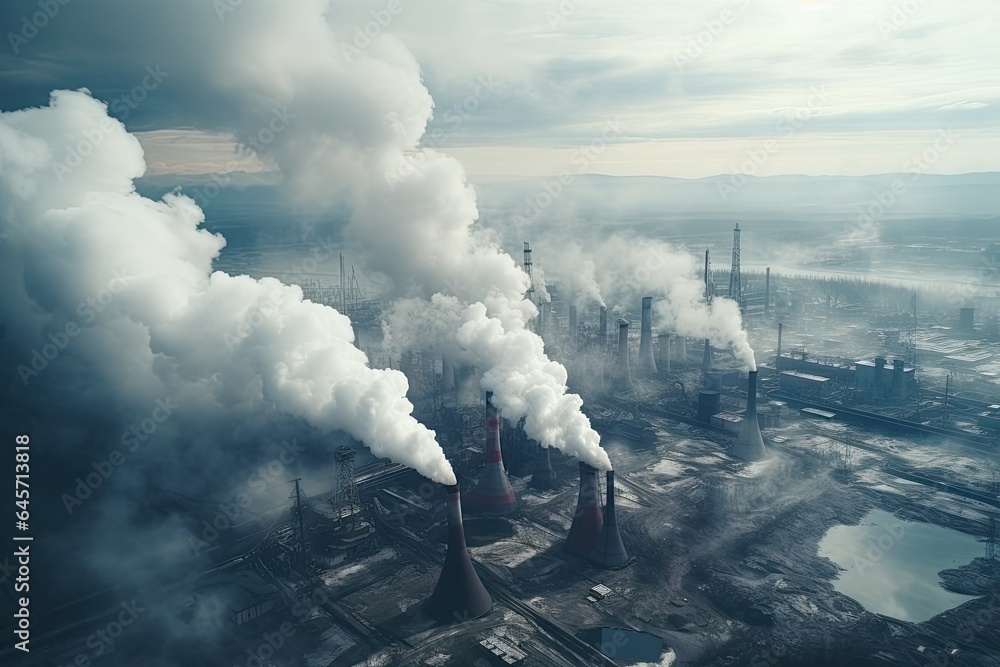 Fototapeta premium Smokestack pipes emitting co2 from coal thermal power plant into atmosphere. Smoke from heating station in big city during winter season at sunset. Aerical view.