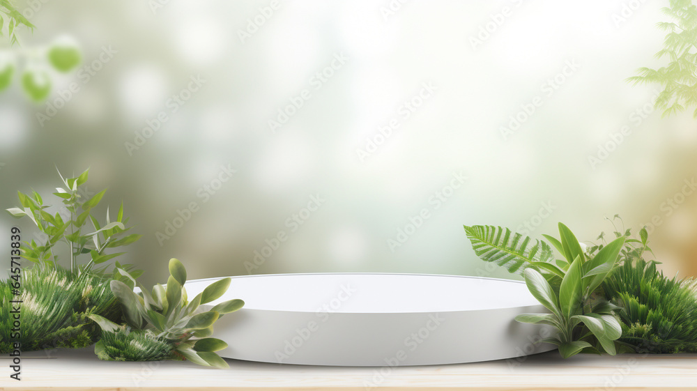 3d luxury white podium for your luxury product with nature background. Generative AI 3d luxury white podium for your luxury product with nature background. Generative AI
