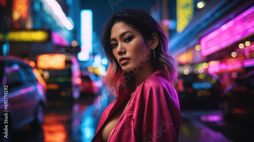 beautiful fashionable asian thai woman on city street in Thailand, blurred bokeh background, generative ai