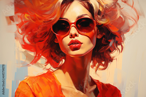 Young attractive woman fashion model in sunglasses in paint painting style