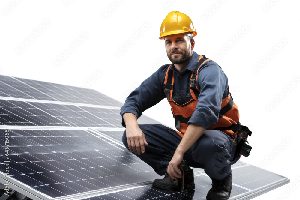Solar panel installer on white background Solar panel installer on white background