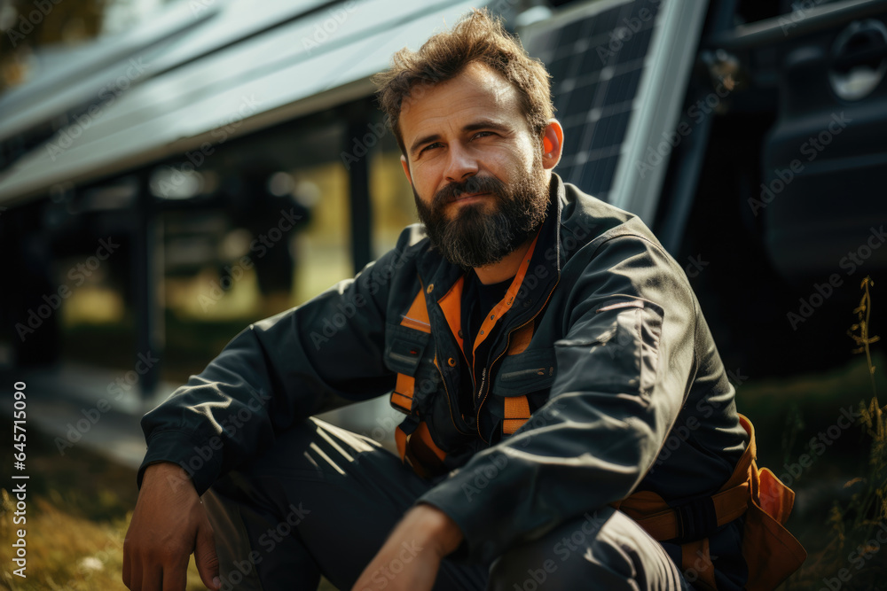 Smiling installer installer of eco solar panels, green energy concept Smiling installer installer of eco solar panels, green energy concept
