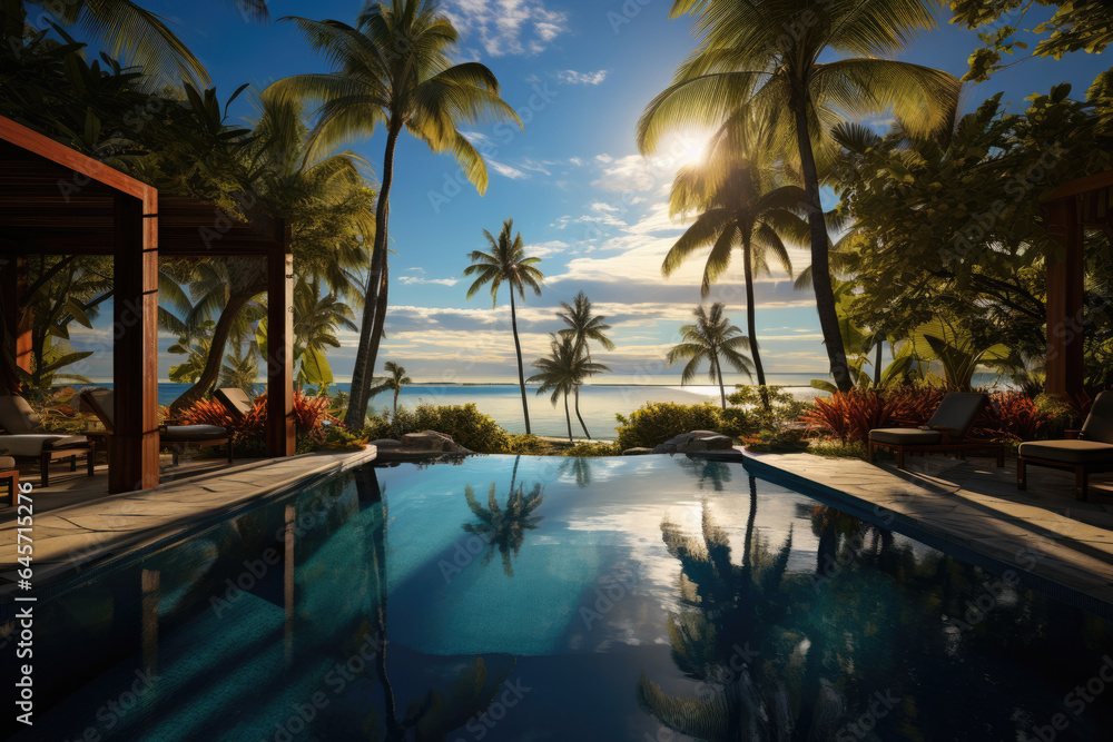 swimming pool in tropical resort against the backdrop of palm trees and blue sky