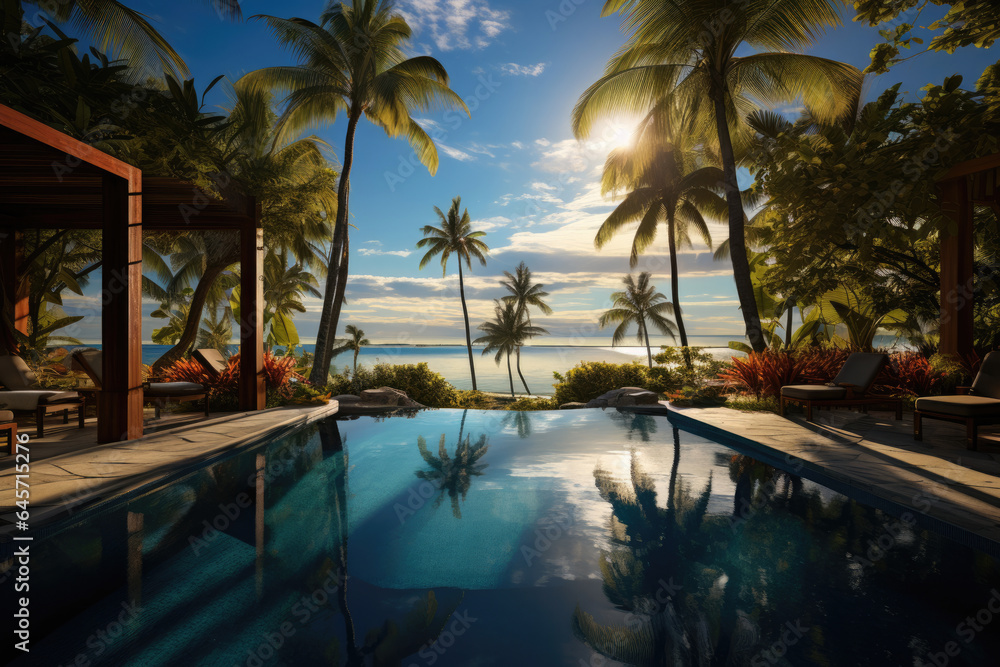 Fototapeta premium swimming pool in tropical resort against the backdrop of palm trees and blue sky