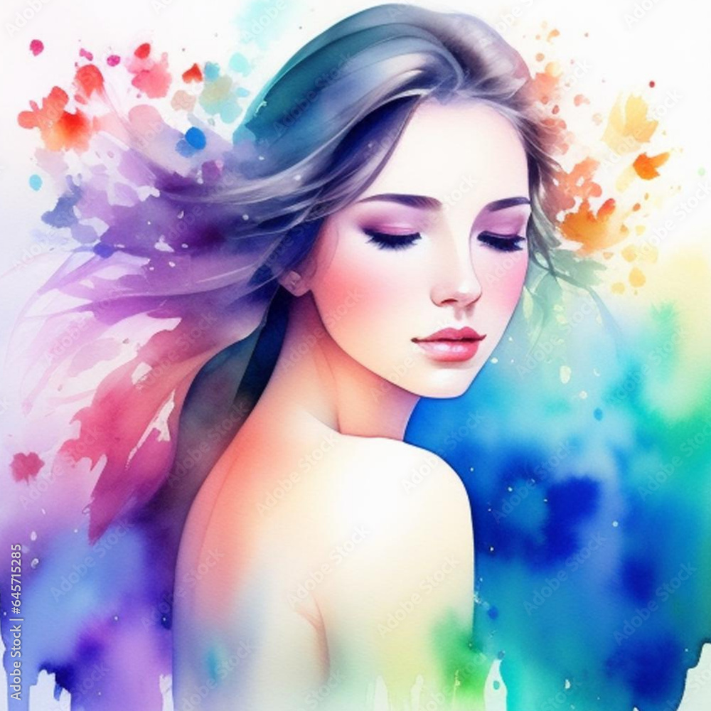 Colourful watercolour art style portrait of a beautiful young woman.  Generative AI
