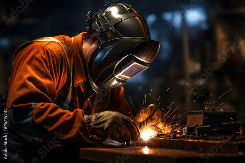 working welder in a protective mask and suit welds with a welding machine © Michael