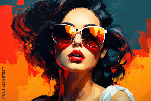 Fashion model in sunglasses in painting style