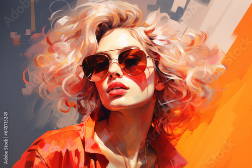 Beautiful young fashion model in sunglasses in painting style