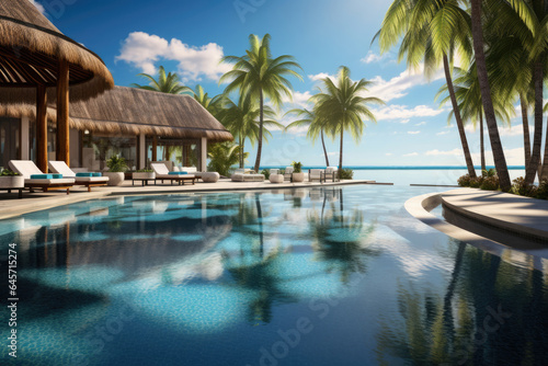 tropical resort with pool against blue sky