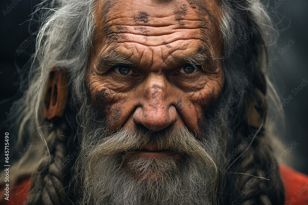 Generative AI close up portrait of old man wise warrior ethnic typical inhabitant leader of the tribes looking straight into the camera Generative AI close up portrait of old man wise warrior ethnic typical inhabitant leader of the tribes looking straight into the camera