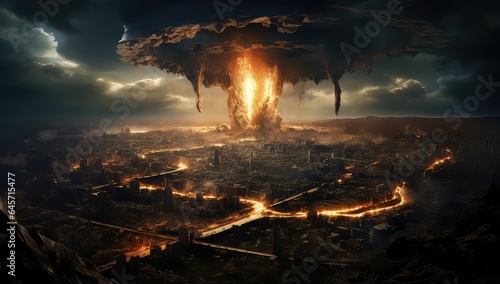 Krater atomowy po wybuchu bomby w mieście. 