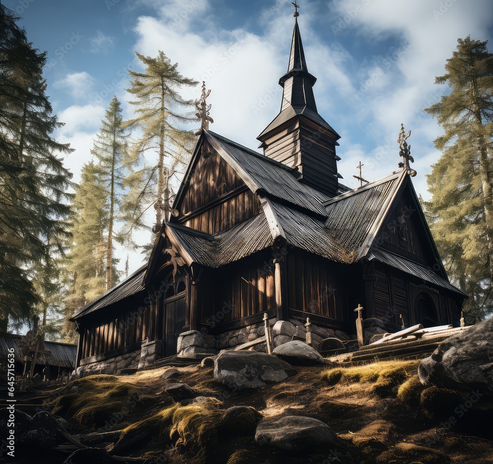 Piękny mały kościół w lesie.  - obrazy, fototapety, plakaty 