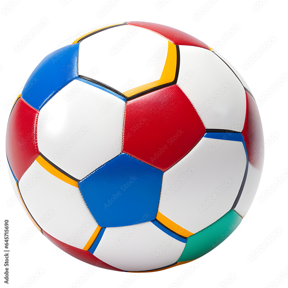 Obraz premium Soccer ball with white, blue, red pentagonal pattern on a transparent background