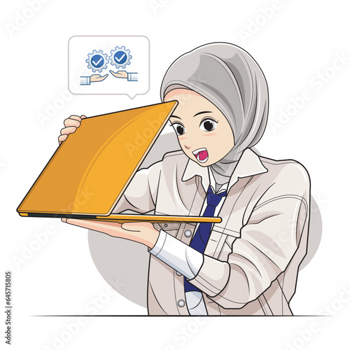 Hijab little kid, school girl. School girl a hijab girl looking furtively at half closed laptop screen. Vector illustration